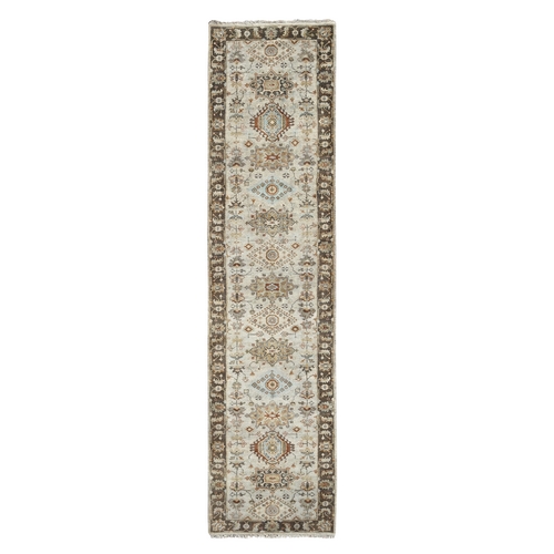 Timberwolf Gray with Taupe Brown, Hand Knotted Karajeh and Geometric Medallion Design, Natural Dyes, Pure Wool, Runner Oriental Rug
