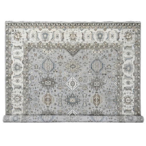 Agreeable Gray and Delicate White, Karajeh with All Over Geometric Design, Hand Knotted, Squarish Oriental 100% Wool Rug