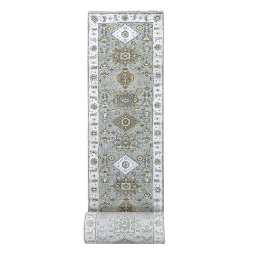 London Fog Gray With Frost White, Hand Knotted, Karajeh and Geometric Design, Natural Wool, XL Runner Oriental Rug 