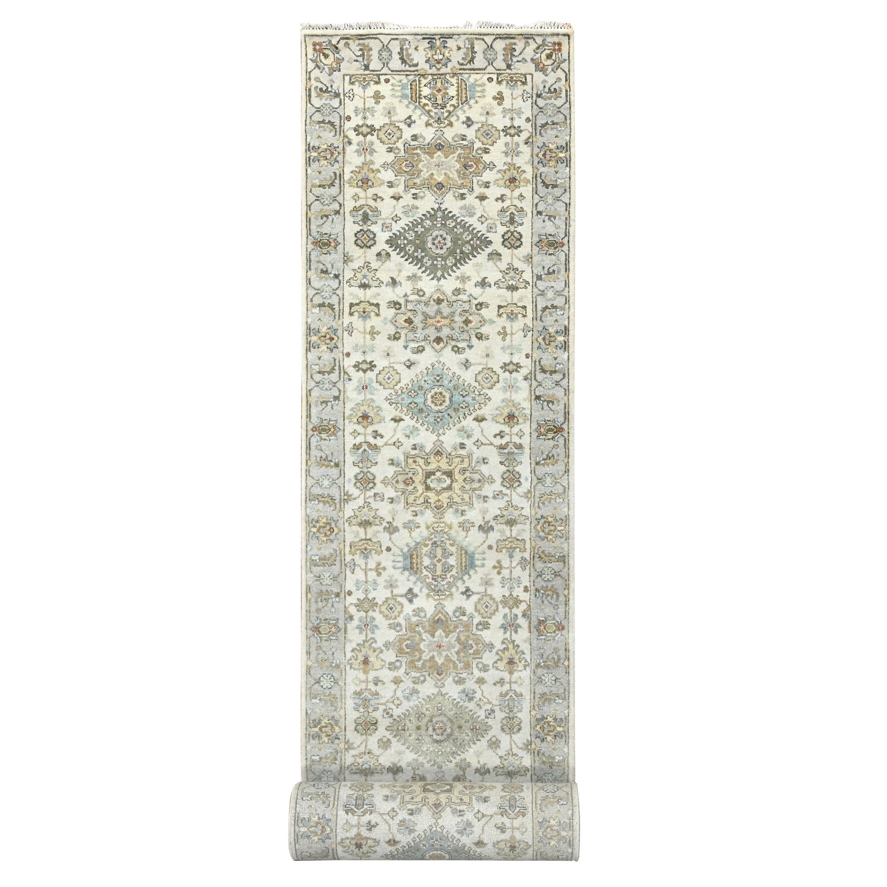 Frosted Dawn White, Soft and Shiny Wool, Hand Knotted, Karajeh Design With Geometric Medallions, Denser Weave, Soft to The Touch Pile, XL Runner Oriental Rug