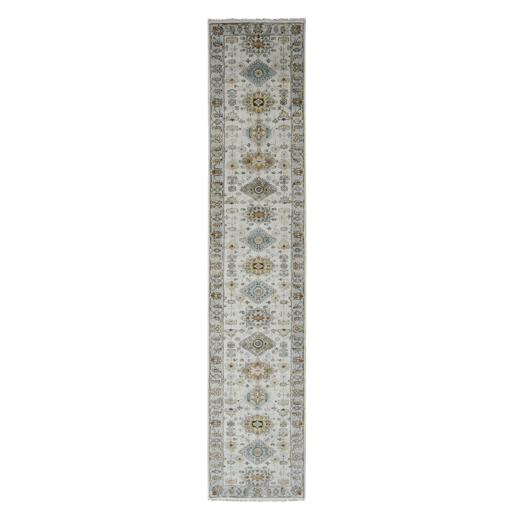 Snowbound White With American Silver Gray, Tribal Geometric Motifs Hand Knotted Karajeh Design, Vegetable Dyes, Soft Pile, 100% Wool, Runner Oriental Rug
