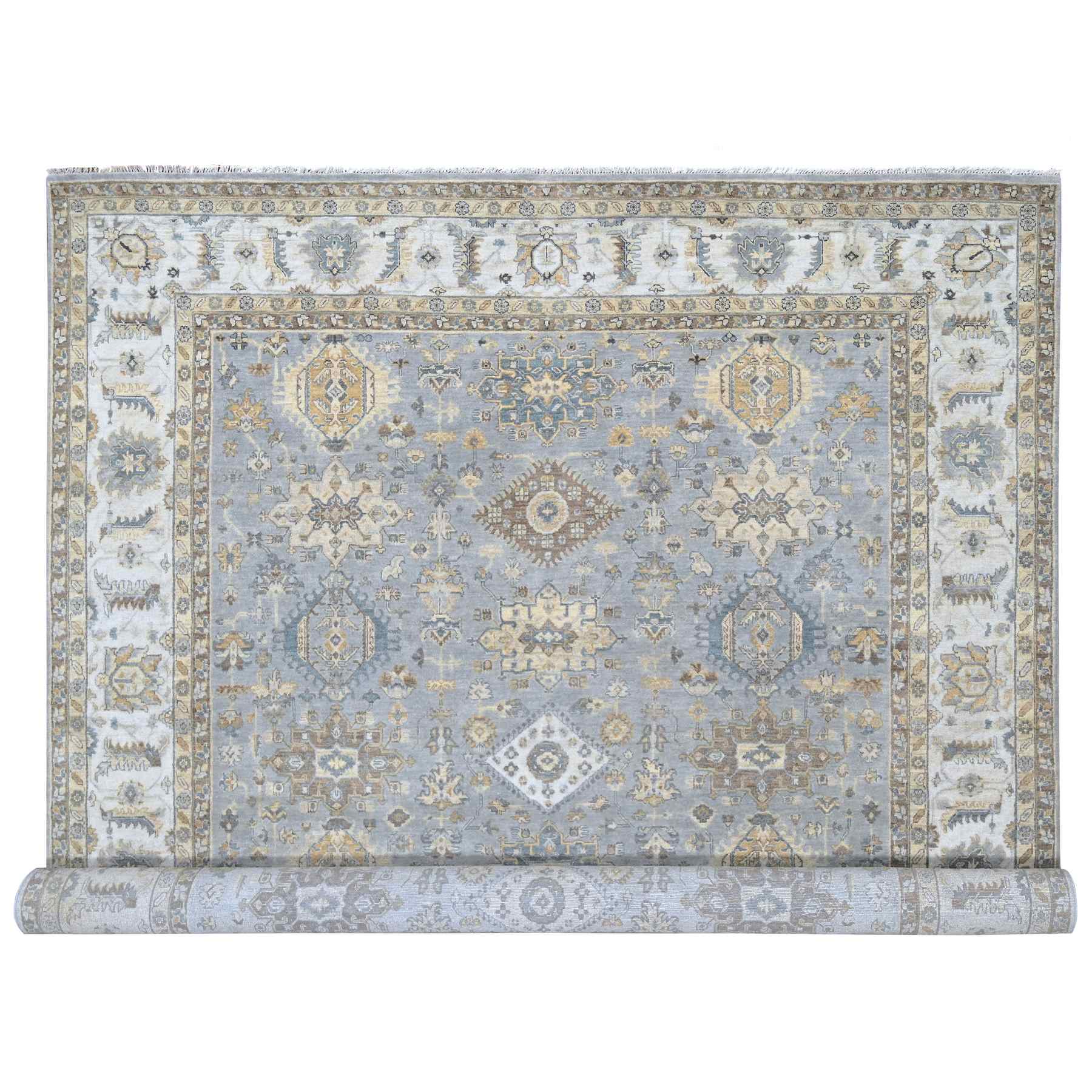 Rainer Gray and Heron White, Karajeh All Over Geometric Design, Hand Knotted, Natural Dyes, 100% Wool, Oriental Rug