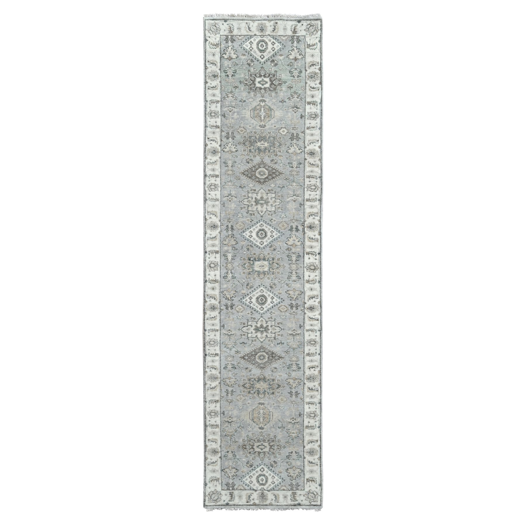 Soft Chinchilla Gray, Organic Wool, Vegetable Dyes, Hand Knotted, Karajeh Design with Geometric Medallion, Runner Oriental Rug  