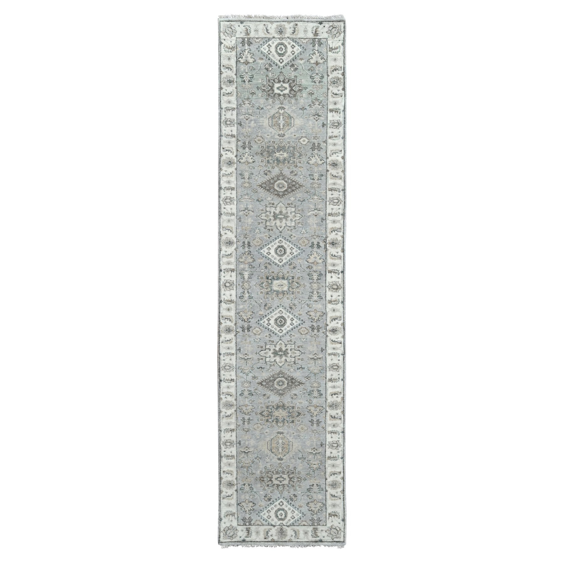 Lazy Gray, Velvety Wool, Hand Knotted Karajeh Design Geometric Motifs, Vegetable Dyes, Soft To The Touch Pile, Oriental Runner Rug