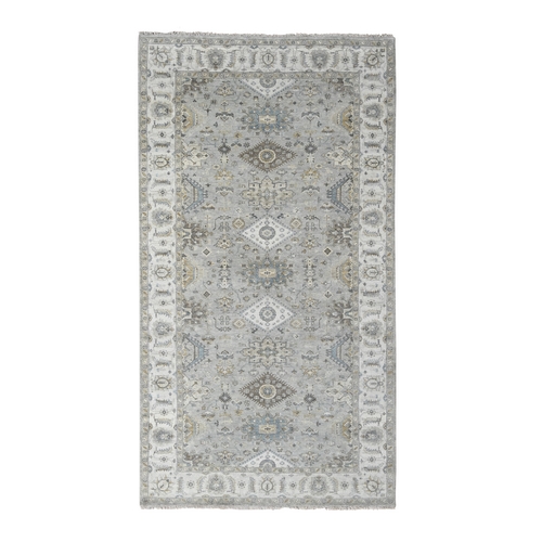 Stargazer Gray With Polar Bear White, Natural Dyes, Pure Wool, Karajeh and All Over Geometric Design, Hand Knotted, Oriental Wide Runner 