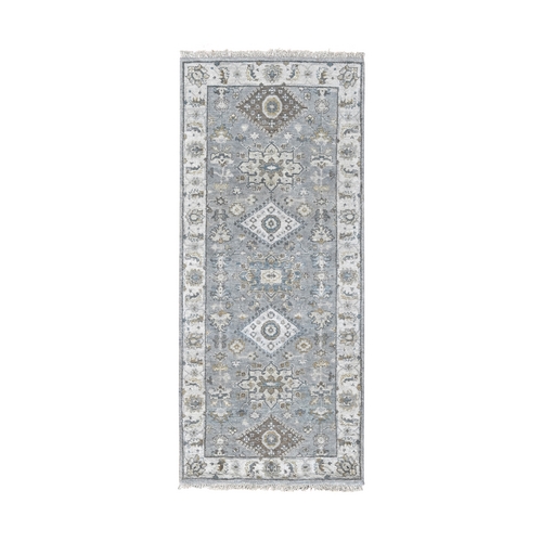 Cool Ashes Gray, Karajeh Design With Tribal Medallions, Vegetable Dyes, Hand Knotted Velvety Wool, Runner Oriental Rug