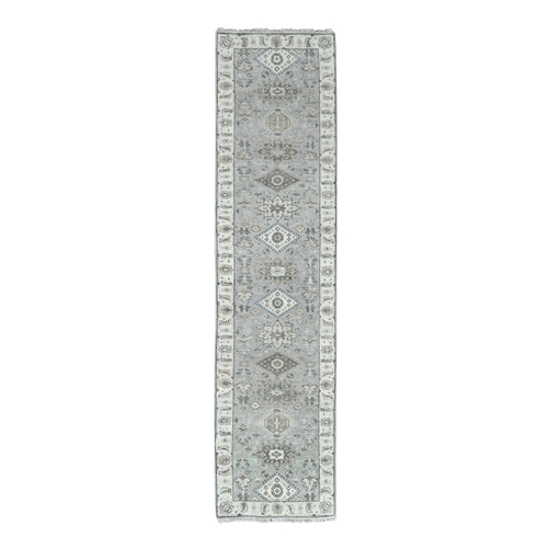 Power Gray, Pepper White Border, Karajeh Design with All Over Pattern, Natural Dyes, Pure Wool, Soft Pile, Hand Knotted, Oriental Runner Rug 