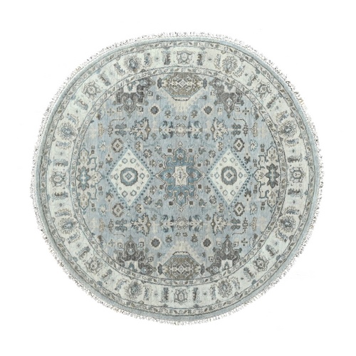 London Fog Gray, Soft Pile, Hand Knotted Natural Dyes, Velvety Wool, Karajeh and Geometric Design, Oriental Round Rug 