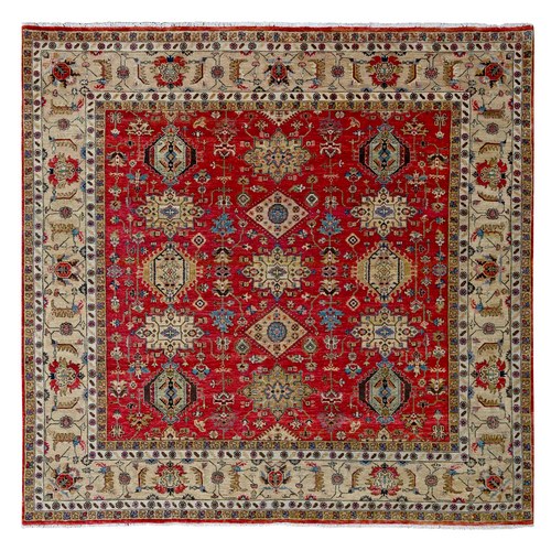 Hot Sauce Red With Plateau Brown, Hand Knotted, Soft to the Touch Pile, Extra Soft Wool, Vegetable Dyes, Karajeh Design with Tribal Geometric Medallions, Square Oriental Rug 