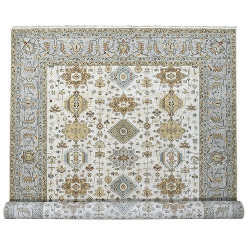 Chantilly Lace White, Radiant Silver Gray Border, Hand Knotted Karajeh Design, All Over Geometric Motifs, Natural Dyes, Vibrant Wool Soft Pile, Oversized Oriental Rug