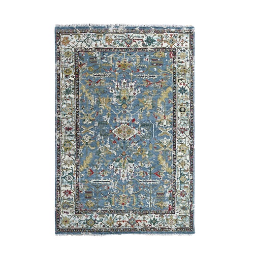 Trooper Blue, Seagull Gray Border, Hand Knotted Vibrant Wool, Densely Woven, Broken Persian Heriz Erased Design With Soft Color Palette, Oriental 