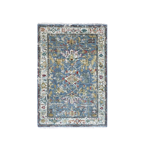 Languid Blue With Argos Gray, Broken and Erased Persian Heriz All Over Design With Soft Color Palette, Hand Knotted Densely Woven, Pure Wool, Oriental 