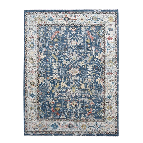 Meditative Blue, Densely Woven, Broken and Erased Hand Knotted Persian Heriz All Over Design With Soft Color Palette, Shiny Wool, Oriental 