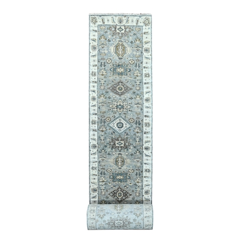 Seraph Gray With White Smoke, Karajeh Design with Geometric Motifs, Soft to the Touch Pile, Hand Knotted, Pure Wool, Vegetable Dyes, XL Runner Oriental Rug 