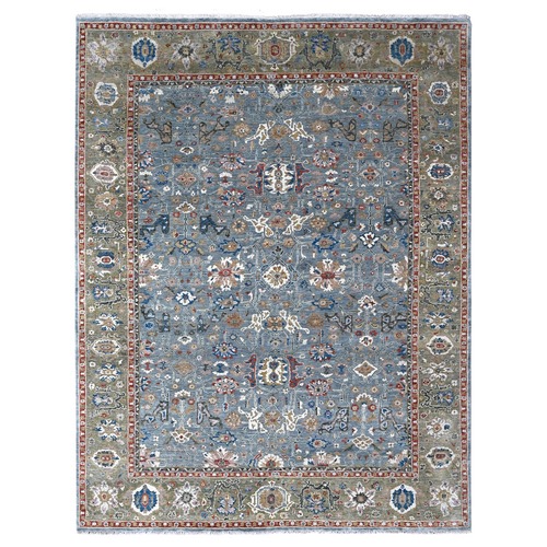 Debonair Gray With Celadon Green Border, Pure Wool, Hand Knotted All Over Heriz Design, Soft To The Touch Pile, Oriental Rug