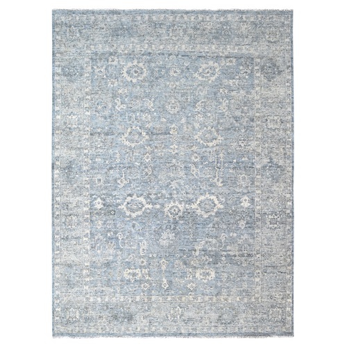 Nimbus Gray, Hand Knotted Soft and Velvety Wool, Distressed Look, Sheared Low, Shaved Thin, Distinct Abrash Karajeh Heriz Design, Oriental Rug