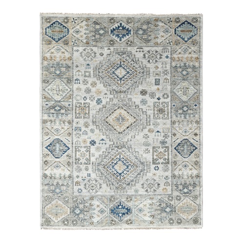 Lexicon White with Ash Gray, Vegetable Dyes, Pure Wool, Hand Knotted, Supple Collection, Kazak with Geometric Medallions Design, Oriental Rug 