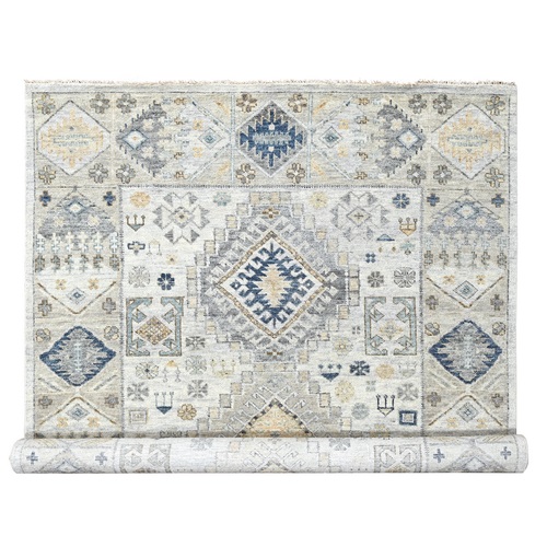 Decorators White With Graceful Gray Border, Kazak with Geometric Medallions Design, Hand Knotted Organic Wool, Supple Collection, Natural Dyes, Oriental Rug 