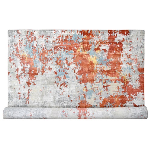 Gainsboro with Rust Red, Abstract With Fire Mosaic Design, Hand Knotted, Persian Knot, Wool And Silk, Oversized Oriental 