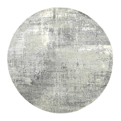 Cloud Gray, Abstract with Mosaic Design, Wool and Silk, Hand Knotted, Round Oriental Rug