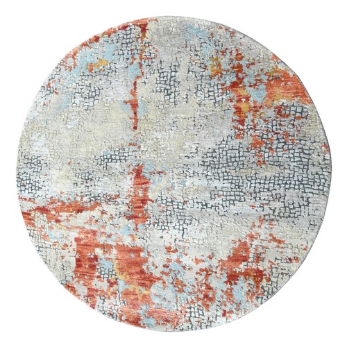 Ash Gray, Abstract with Fire Mosaic Design, Wool and Silk, Hand Knotted, Round Oriental Rug