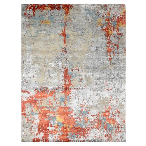 Ash Gray, Hand Knotted, Abstract with Fire Mosaic Design, Wool and Silk, Oriental Rug