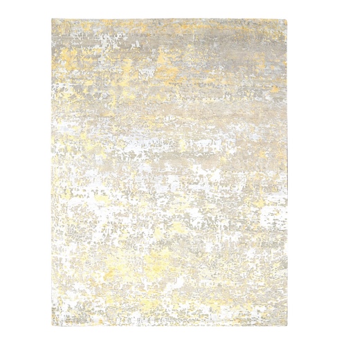 Pale Yellow, Wool and Silk, Hand Knotted, Abstract Design, Hi-Low Pile, Oriental Rug