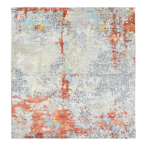Ash Gray, Wool and Silk, Hand Knotted, Abstract with Fire Mosaic Design, Square Oriental 