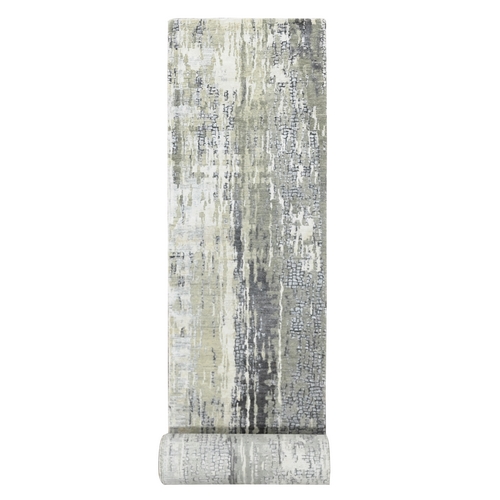 Cloud Gray, Abstract with Mosaic Design, Wool and Silk, Hand Knotted, XL Runner Oriental Rug