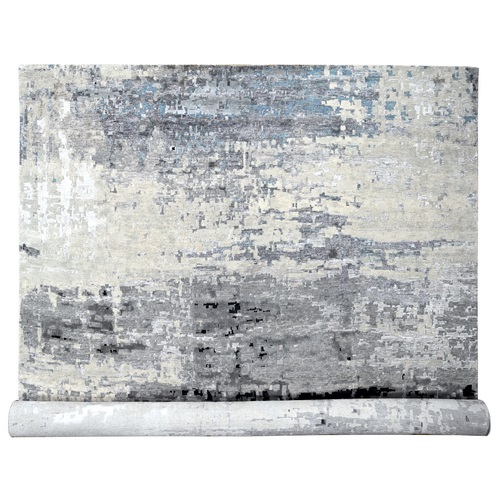 Spanish Gray with Steel Blue, Wool and Silk, Hand Knotted, Modern Abstract Design, Oversized Oriental Rug