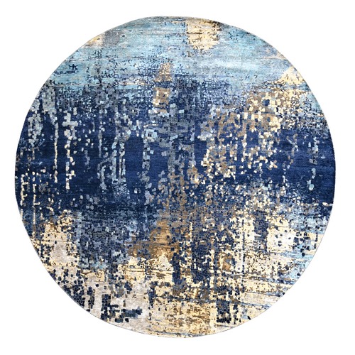 Admiral Blue, Hand Knotted, Modern Mosaic Design with Mix of Gold, Persian Knot, Wool and Silk, Round Oriental Rug