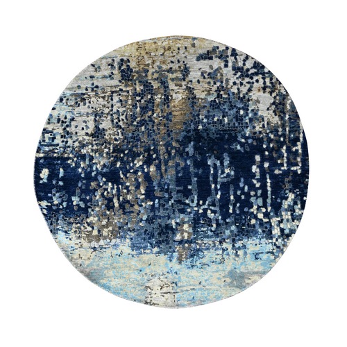Prussian Blue, Wool and Silk Hand Knotted, Mosaic Design with Mix of Gold, Round Oriental 