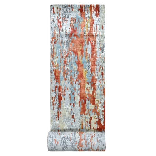 Oyster Bay Gray, Wool And Silk Modern Abstract Fire Mosaic Design Hand Knotted Oriental XL Runner Rug 
