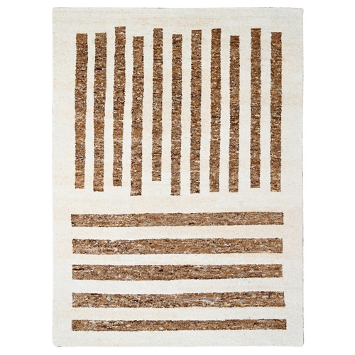 Tan Brown With Parchment White, Modern Extra Soft Wool Minimalist Stripe Design, Soft and Vibrant Pile, Hand Knotted, Oriental Rug