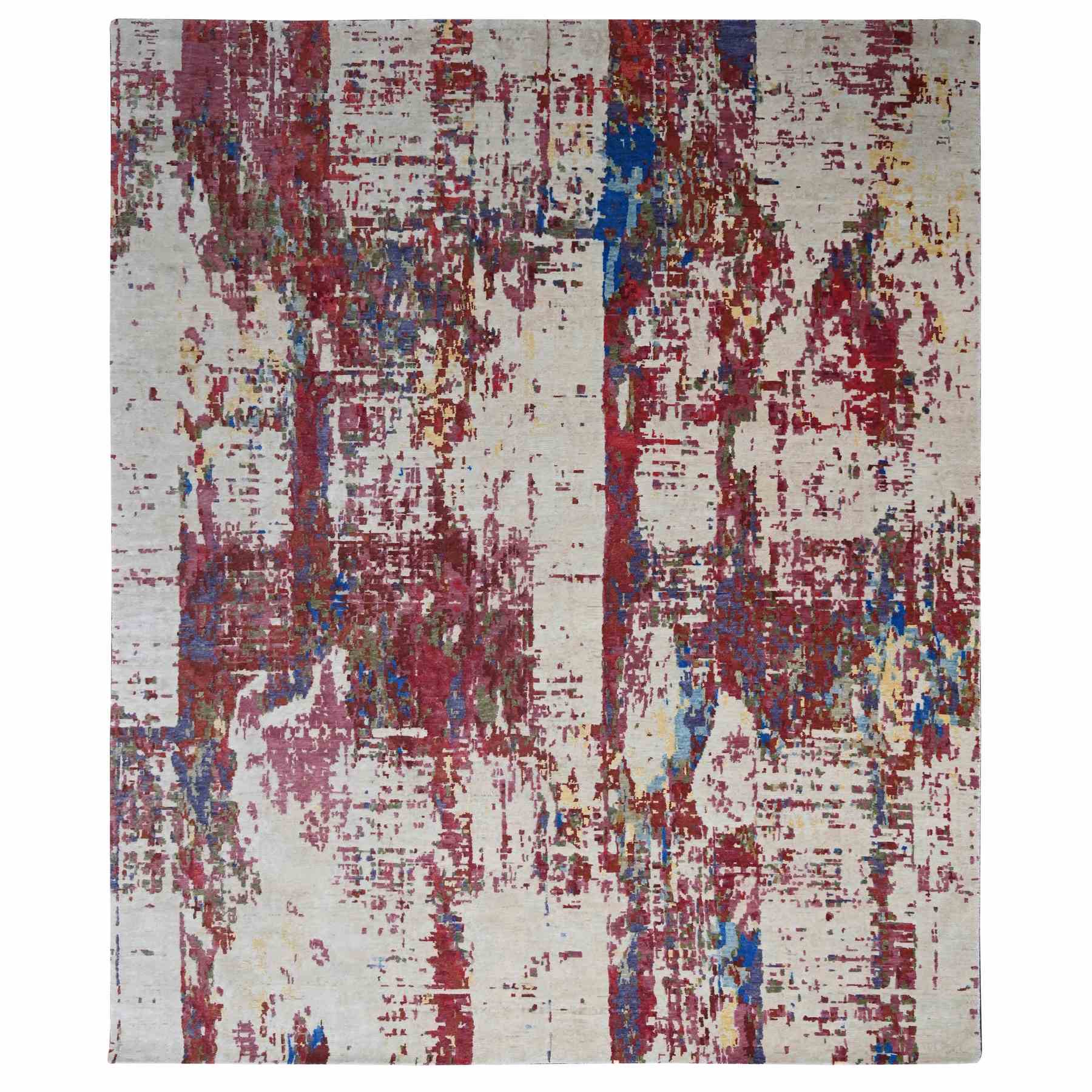 Accessible Beige With Cherries Jubilee Red, Hand Knotted Pure Wool, Modern Abstract Design, Nepali 100 Knots Weave, Tone on Tone Oriental Rug 