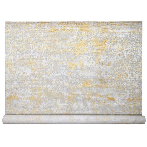 Timberwolf White With Mix Of Gold, Hi-Lo Pile, Hand Knotted Modern Abstract Design, Wool and Silk, Oversized Oriental Rug 