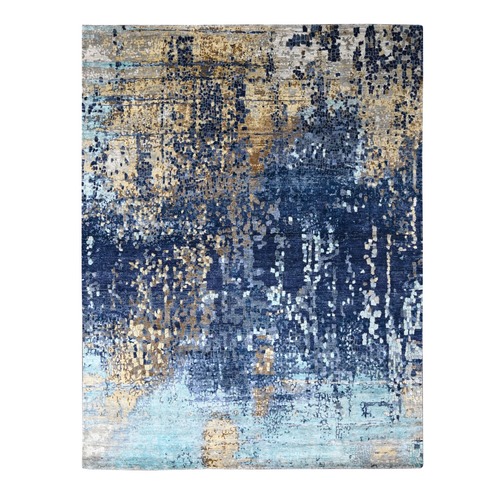 Commodore Blue, Modern Mosaic Design With Mix Of Gold, Hand Knotted Persian Knot, Denser Weave, Wool and Silk, Oriental Rug