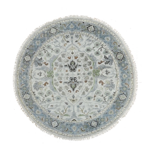 Chrome with Oxford Gray, Denser Weave, Oushak with Floral Motifs, Soft Wool, Hand Knotted, Round Oriental Rug