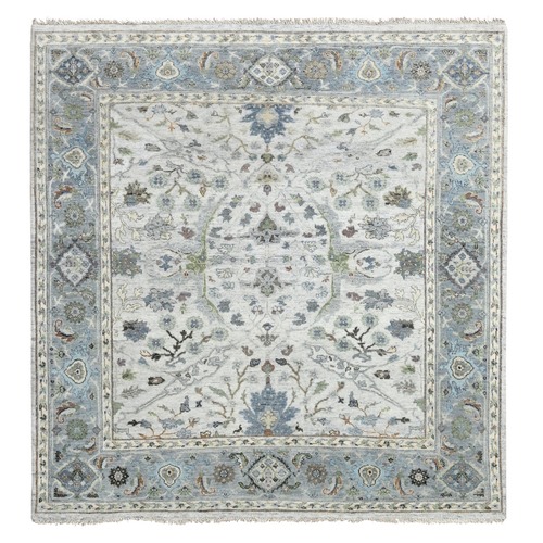 Chrome Gray, Vegetable Dyes, Oushak with Floral Motifs, Denser Weave, 100% Wool, Hand Knotted, Square Oriental Rug