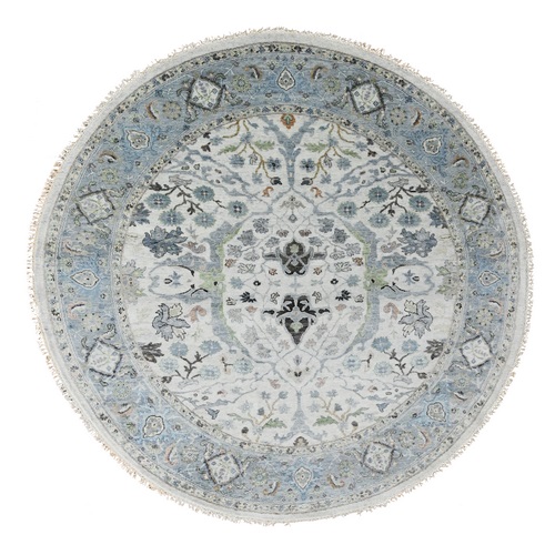 Chrome Gray, Hand Knotted, Natural Dyes, Oushak with Floral Motifs, Denser Weave, Pure Wool, Round, Oriental Rug