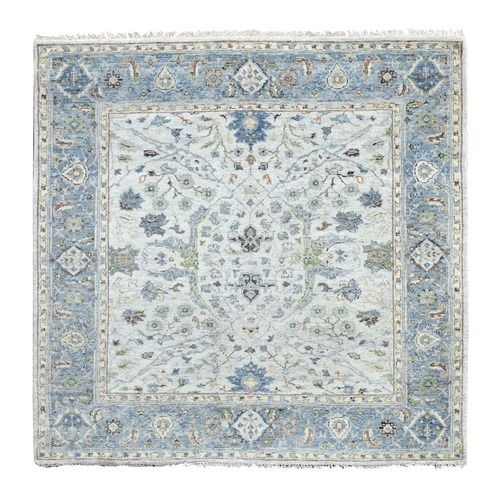 Chrome and Oxford Gray, Vegetable Dyes, Oushak with Floral Motifs, Denser Weave, 100% Wool, Hand Knotted, Square Oriental Rug
