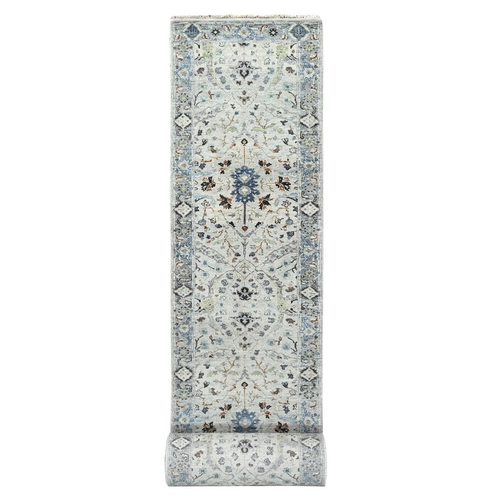 Oyster Gray, 100% Wool, Denser Weave, Hand Knotted, Vegetable Dyes, Oushak with Floral Motifs,  XL Runner Oriental Rug