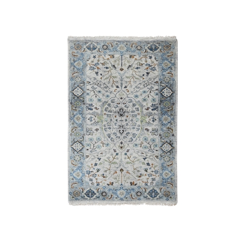 Light Gray, Denser Weave, Oushak with Floral Motifs, Extra Soft Wool, Hand Knotted, Vegetable Dyes, Oriental 