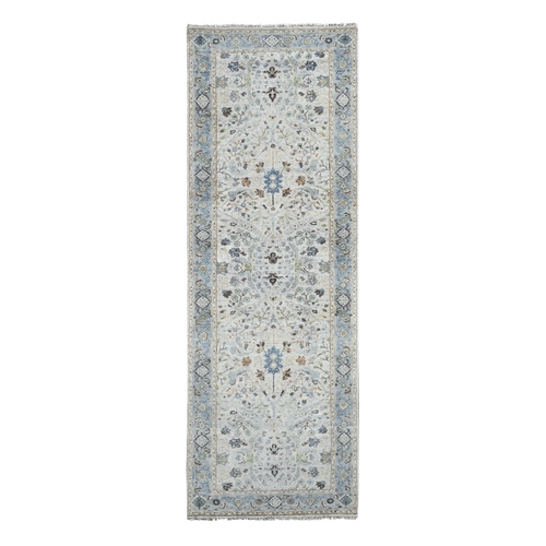 Ice Cube Gray, Denser Weave Oushak with Floral Motifs, Hand Knotted, Natural Dyes, Pure Wool, Oriental Wide Runner Rug