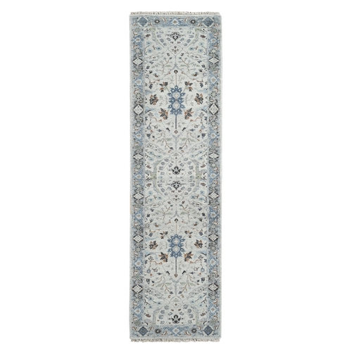 Pastel Gray, Oushak with Floral Motifs, Natural Wool, Denser Weave, Hand Knotted, Runner Oriental Rug