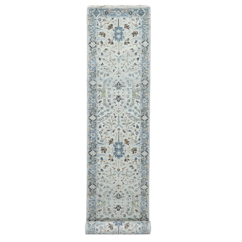 Goose and Light Slate Gray, Vegetable Dyes, Oushak with Floral Motifs, 100% Wool, Hand Knotted, Denser Weave Oriental XL Runner Rug
