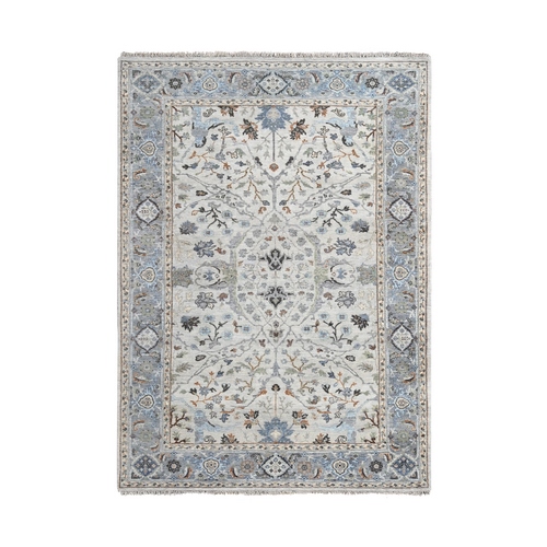 Light with Metallic Gray, Hand Knotted, Natural Dyes, Oushak with Floral Motifs, Denser Weave, Soft Wool, Oriental Rug