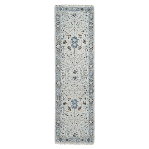 Owl and Slate Gray, Hand Knotted Oushak Dense Weave Design with Floral Motifs, Vegetable Dyes, Natural Wool, Runner Oriental Rug