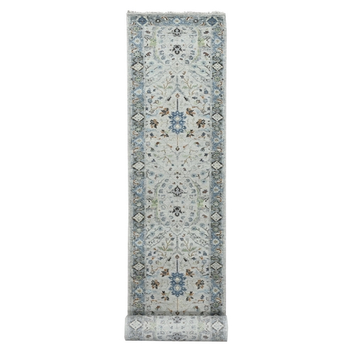 Seraph With Whale Gray, Oushak with Floral Motifs, Denser Weave, 100% Wool XL Runner Hand Knotted Oriental 