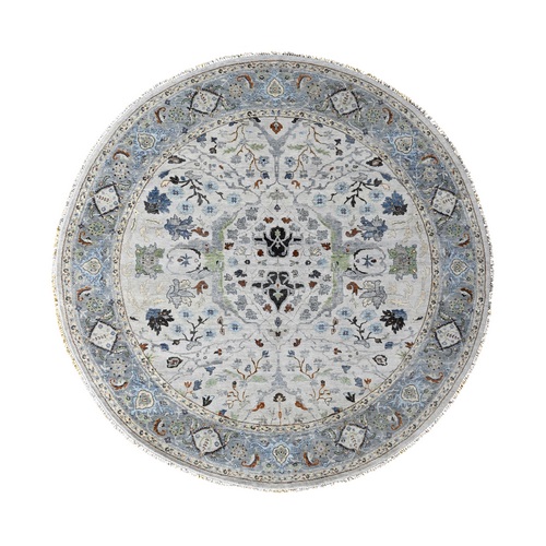 Whirlwind With Timber Wolf Gray, Vegetable Dyes, Natural Wool, Hand Knotted Floral Motifs Oushak Oriental Round Rug 